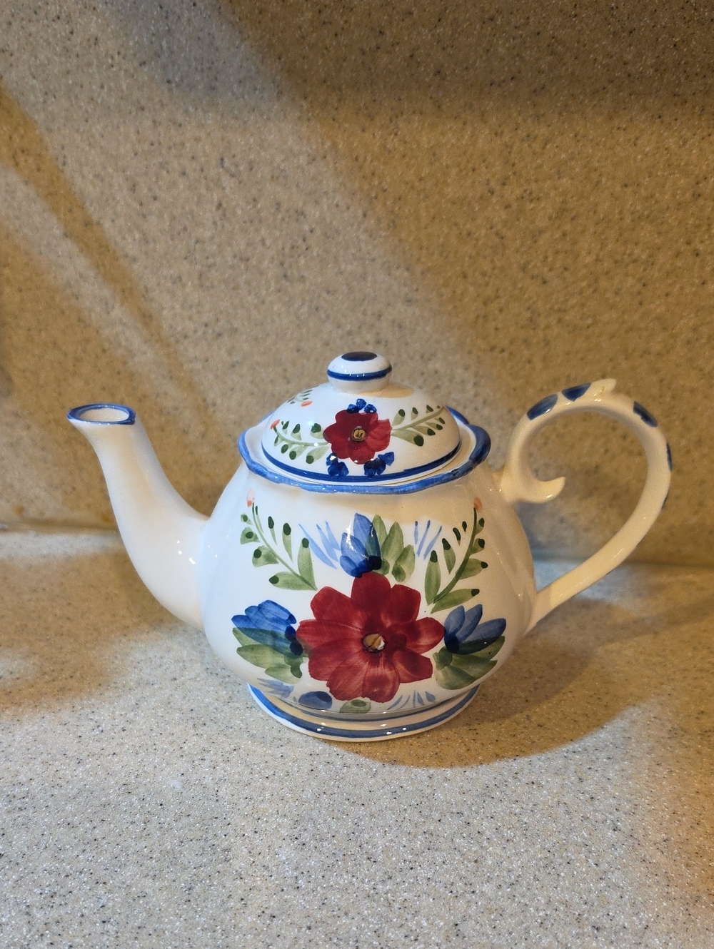 Hand-Painted Floral Ceramic Teapot in White with Red & Blue Flowers